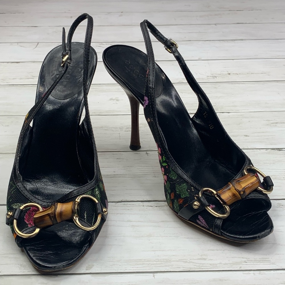 Gucci SZ 9B Black Floral Canvas Horsebit and Bamboo Slingback Heels Pumps